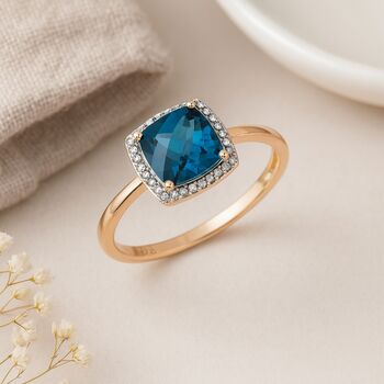 9ct Yellow Gold Blue Topaz And Diamond Halo Ring, 2 of 6