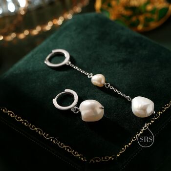 Asymmetric Baroque Pearl Huggie Hoop Earrings, 4 of 11