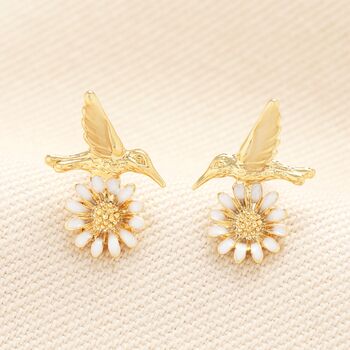 Hummingbird Flower Stud Earrings In Gold Plating, 2 of 5