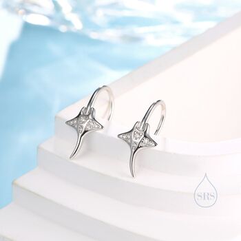 Sterling Silver Manta Ray Fish Drop Hook Earrings With Cz, 3 of 11