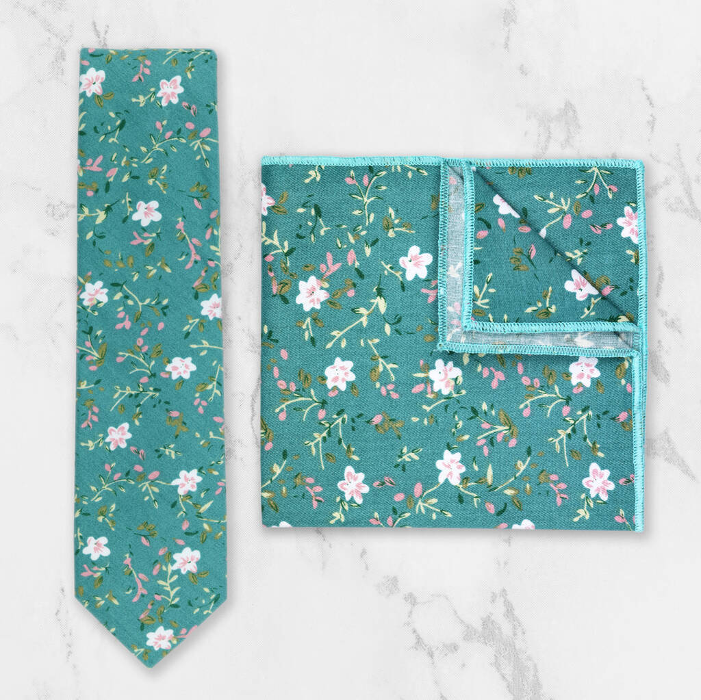 Wedding Handmade 100% Cotton Floral Print Tie In Teal, 1 of 5