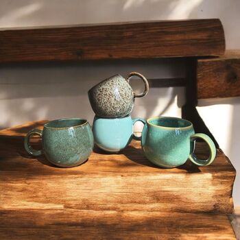 Set Of Four Reactive Glaze Mugs In Tones Of The Rainforest, 3 of 11