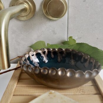 Handmade Teal Blue And Gold Oval Ceramic Soap Dish, 6 of 9