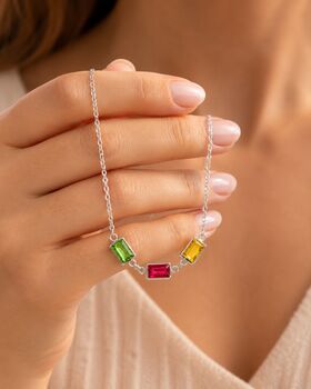 Personalised Baguette Cut Shaped Family Birthstones Necklace, 3 of 10