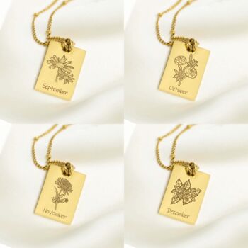 Personalised Rectangle Tag Birth Flower Necklace, 8 of 12
