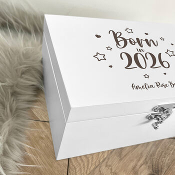 Personalised Born In 2026 Stars Engraved White New Baby Keepsake Box Three Sizes 22cm | 27cm | 30cm, 5 of 8