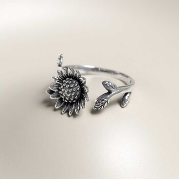 Sterling Silver Adjustable Oxidised Sunflower Ring, 3 of 6