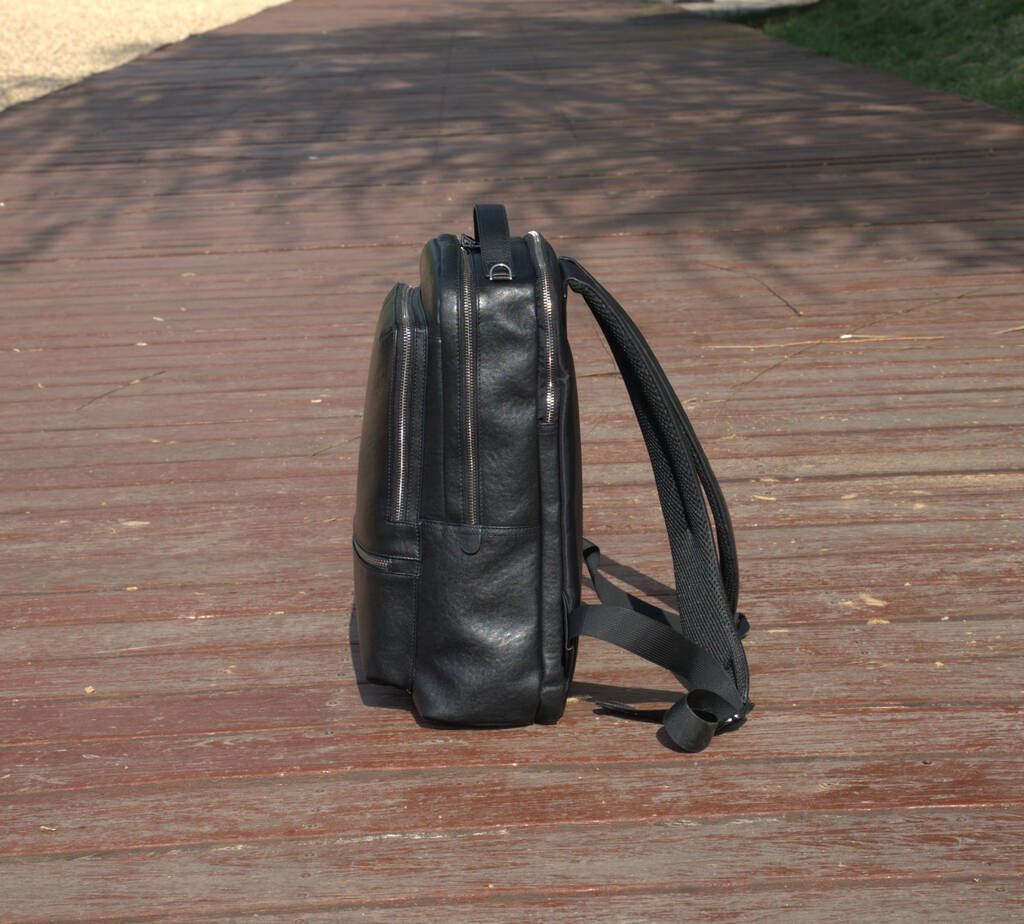 Minimalist Zip Open Black Leather Backpack By EAZO