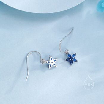 Sterling Silver Sapphire Blue Cz Flower Drop Dangle Earrings, 6 of 11