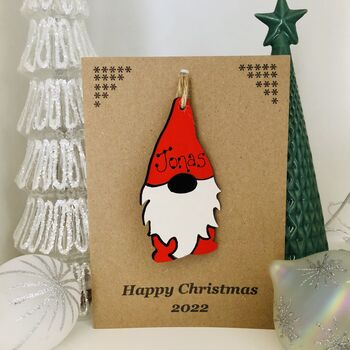 Personalised Gonk Christmas Card Wood Gnome Decoration, 7 of 10
