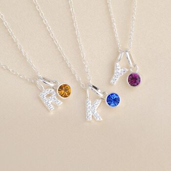 Personalised Silver Sparkle Initial Birthstone Necklace, 2 of 9