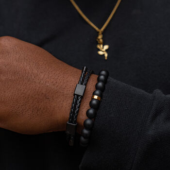 Mens Black Adjustable Leather Bracelet Double Clasp, 7 of 11
