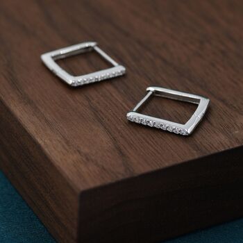 Sterling Silver Minimalist Cz Pave Square Huggie Hoop, 7 of 12