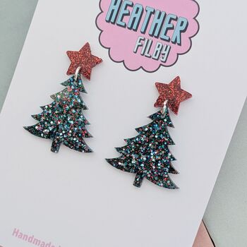 Silver And Red Glitter Christmas Tree With Star Earrings, 3 of 5