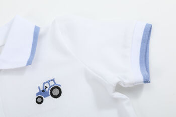 Magnus White/Blue Polo T Shirt With Tractor Embroidery, 2 of 5