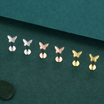 Sterling Silver Butterfly 16 G Flat Back Labret Earrings, 2 of 12