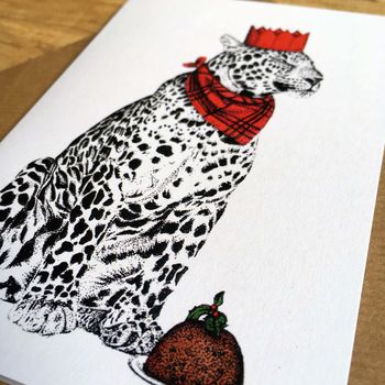 Leopard With Christmas Pudding Christmas Greetings Card, 3 of 3