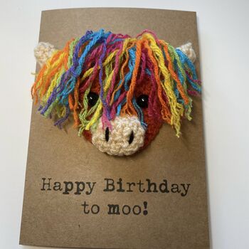 Rainbow Highland Cow Crochet Birthday Card Handmade Moo, 9 of 11