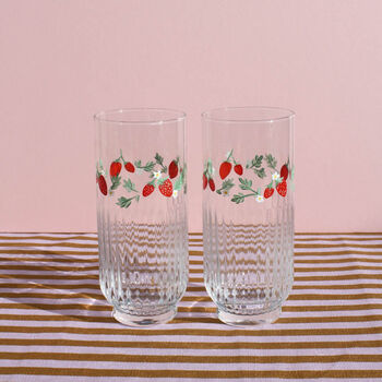 Hand Painted Strawberry Ribbed Highball Glasses Pair, 2 of 7