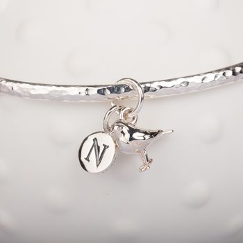 Personalised Hammered Bangle With Baby Robin Charm, 3 of 6