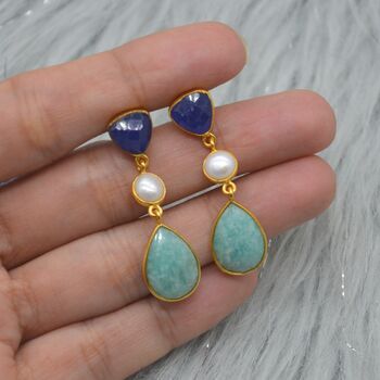 Blue Jade Pearl Amazonite Silver Earrings, 5 of 7