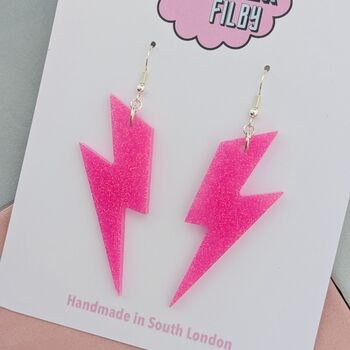 Neon Pink Glitter Lightning Bolt Earrings Small And Large, 3 of 10