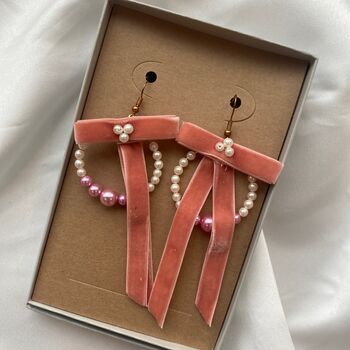 Something Blue Vintage Ribbon Bow And Hand Beaded Hoop Earrings, 4 of 12