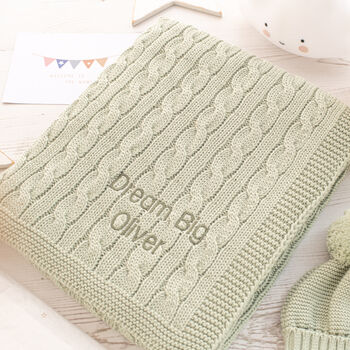 Sage Green Luxury Cable Knit Baby Blanket, 2 of 12