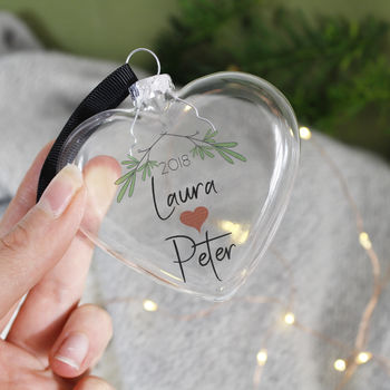Christmas Mistletoe Flat Heart Bauble For Couples, 9 of 11