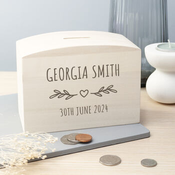 Personalised New Baby Wooden Money Box, 6 of 10