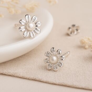 Sterling Silver Pearl Daisy Flower Tiny Stud Earrings, 4 of 11