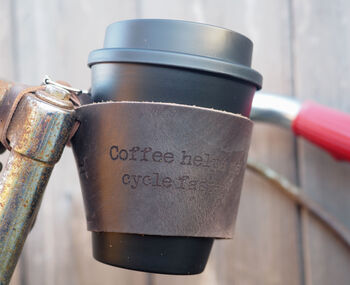 Personalised Reusable Coffee Cup Leather Bike Holder, 6 of 9