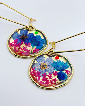 Gold Dangling Earrings With Blue Flowers, 5 of 9