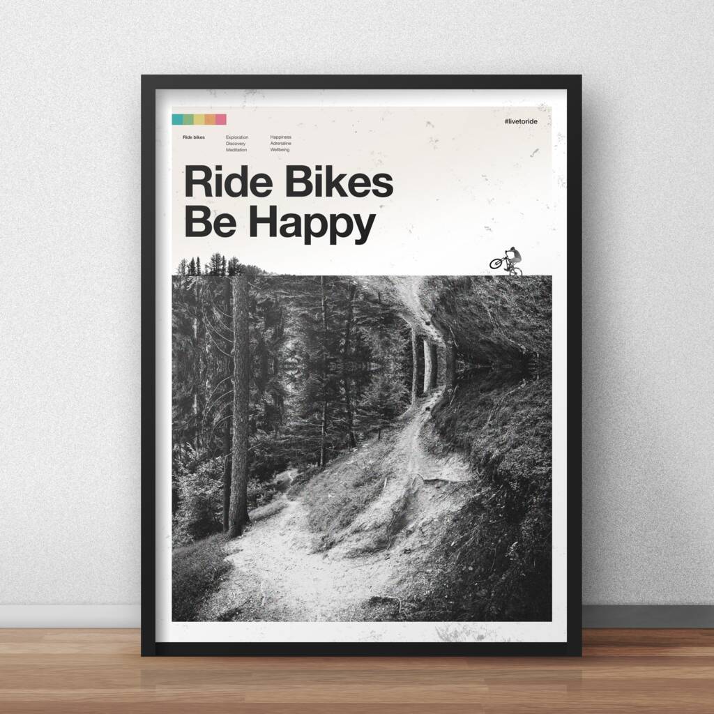 'Ride Bikes Be Happy' Mountain Biking Art Print, 1 of 7