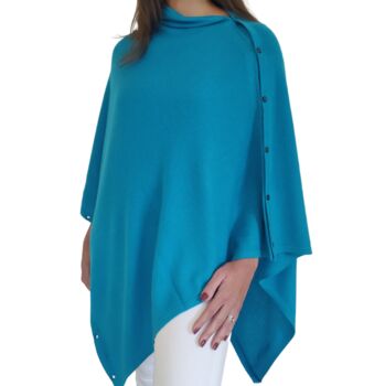 Peacock Blue 100% Cashmere Button Poncho Gift Boxed, 2 of 10