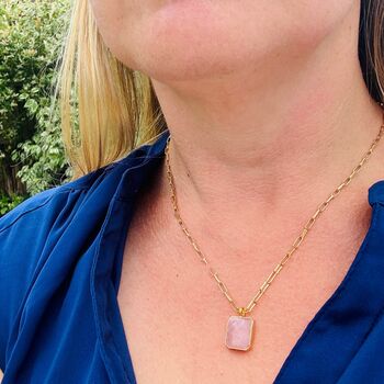 The Rectangle Rose Quartz Necklace, Gold Plated, 6 of 10