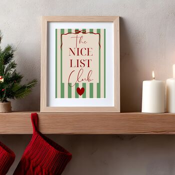 A4 Christmas Art Print, The Nice List Club, Green Stripes, 3 of 5