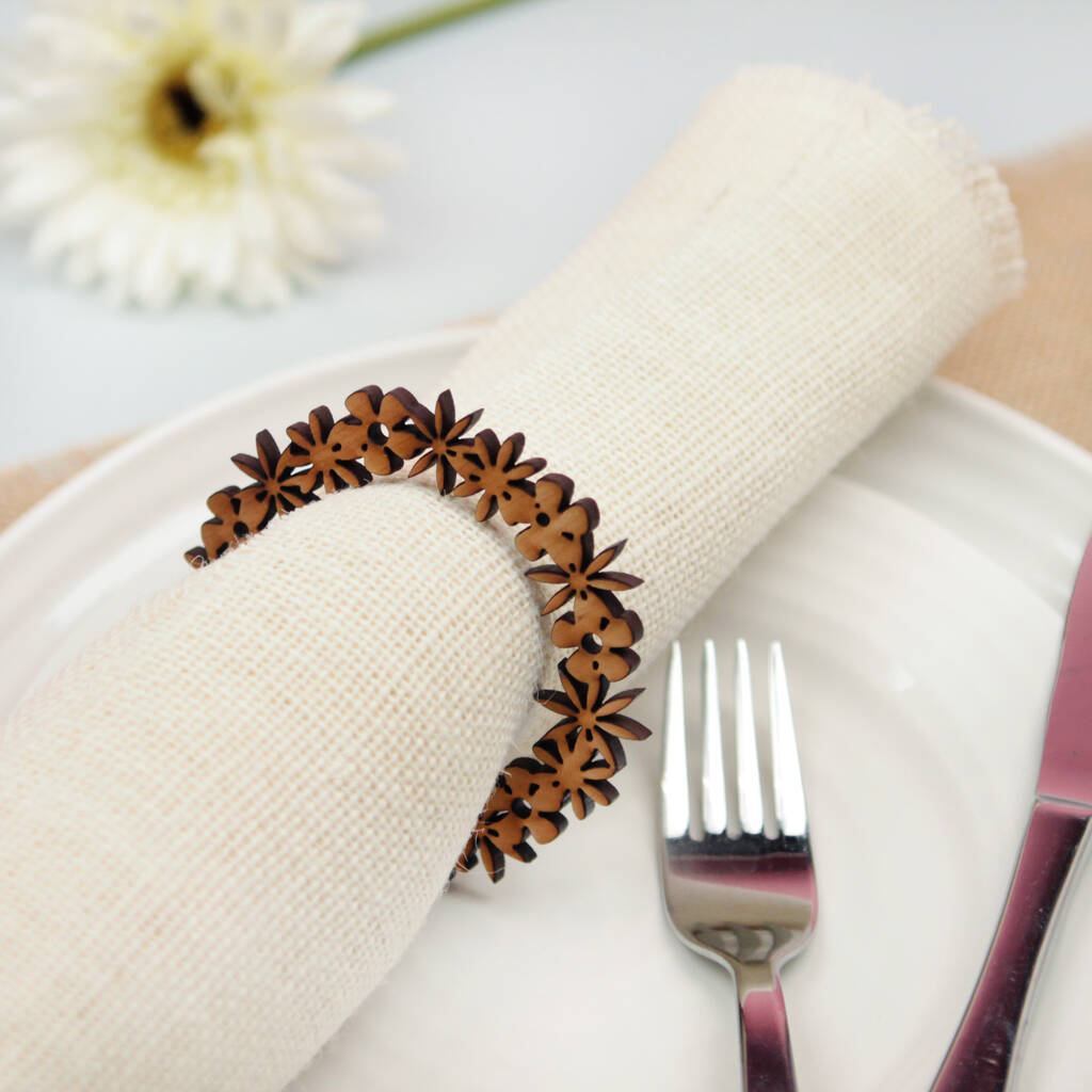 Floral Wooden Napkin Rings Set, 1 of 5