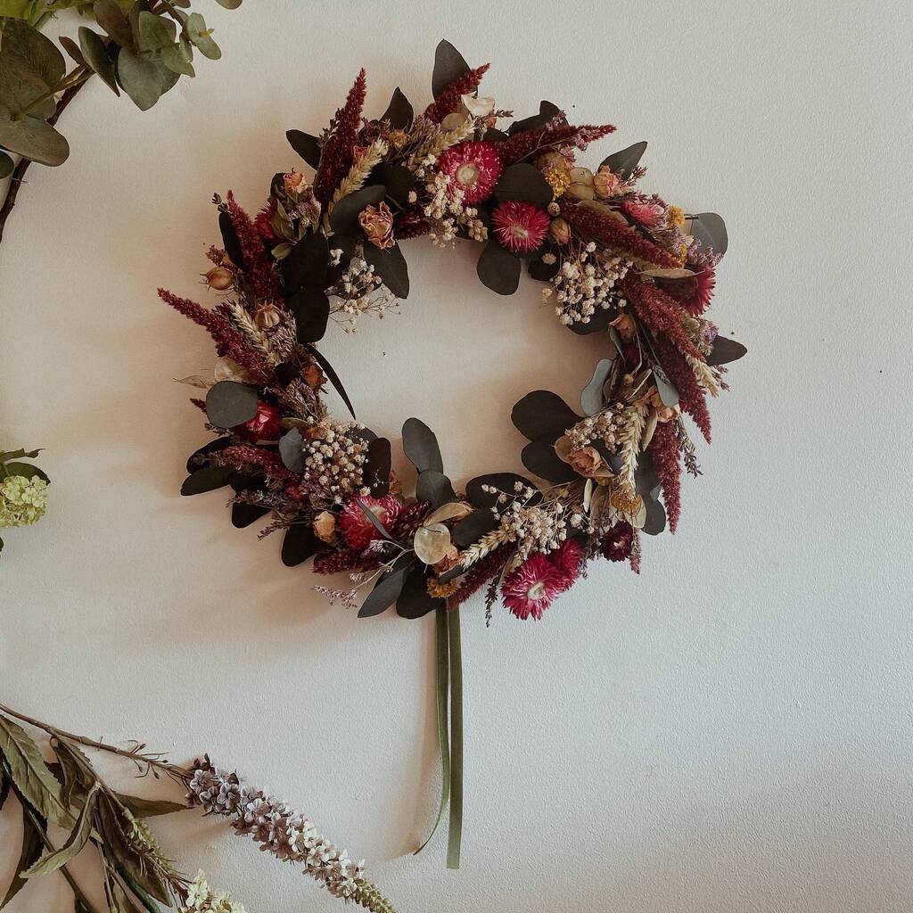 Red And Green Dried Flower Wreath