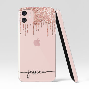 Personalised Dripping Rose Gold Glitter Clear Case, 5 of 5