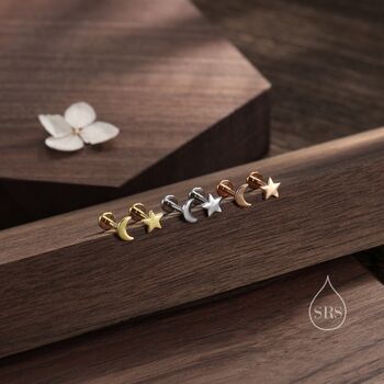 Mismatched Moon And Star Flat Back Earrings In Sterling Silver, 2 of 11