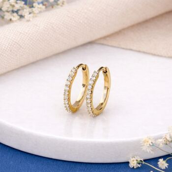 Solid 9ct Gold Diamond Huggie Hoop Earrings – 10mm, 2 of 7
