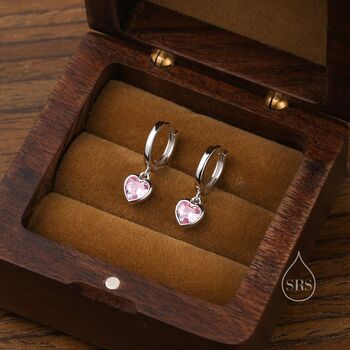 Sterling Silver Pink Cz Heart Huggie Hoop, 2 of 11