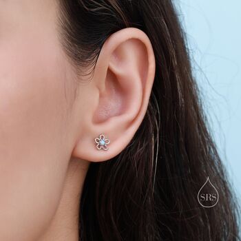 Sterling Silver Tiny Blue Opal Flower Stud Earrings, 4 of 11