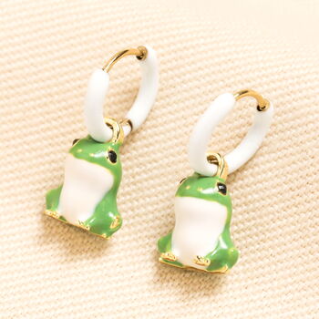Stainless Steel White Enamel Frog Hoop Earrings In Gold Plating, 2 of 4