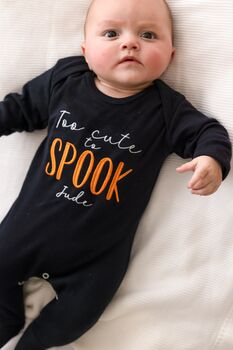 Too Cute To Spook Halloween Embroidered Personalised Babygro Sleepsuit, 3 of 4