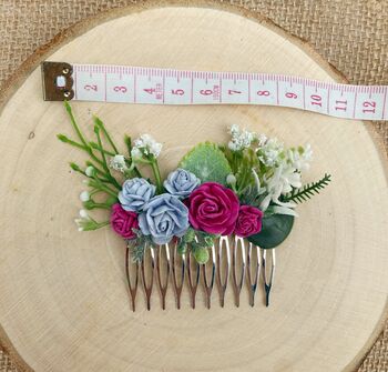 Bright Pink And Dusky Blue Flower Hair Comb, 6 of 6