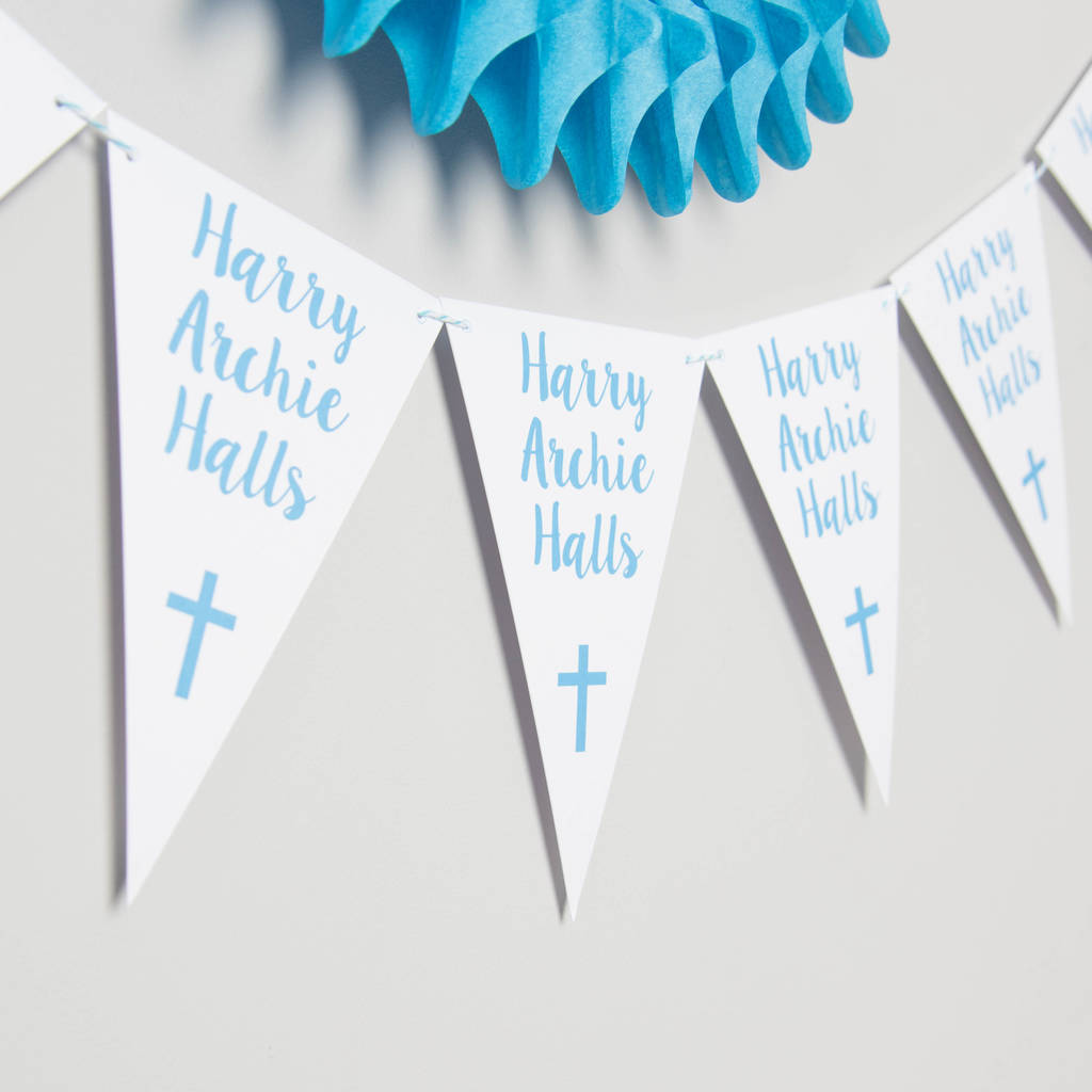 Blue Pretty Stripes And Patterns Personalised Christening Baptism Bunting