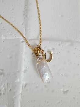 Round Cz And Rectangular Baroque Freshwater Pearl Pendant 18k Gold Tarnishfree Adjustable Necklace, 3 of 6