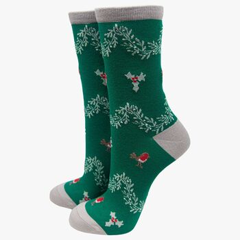 Women's Bamboo Socks Green Christmas Robin And Holly, 2 of 3